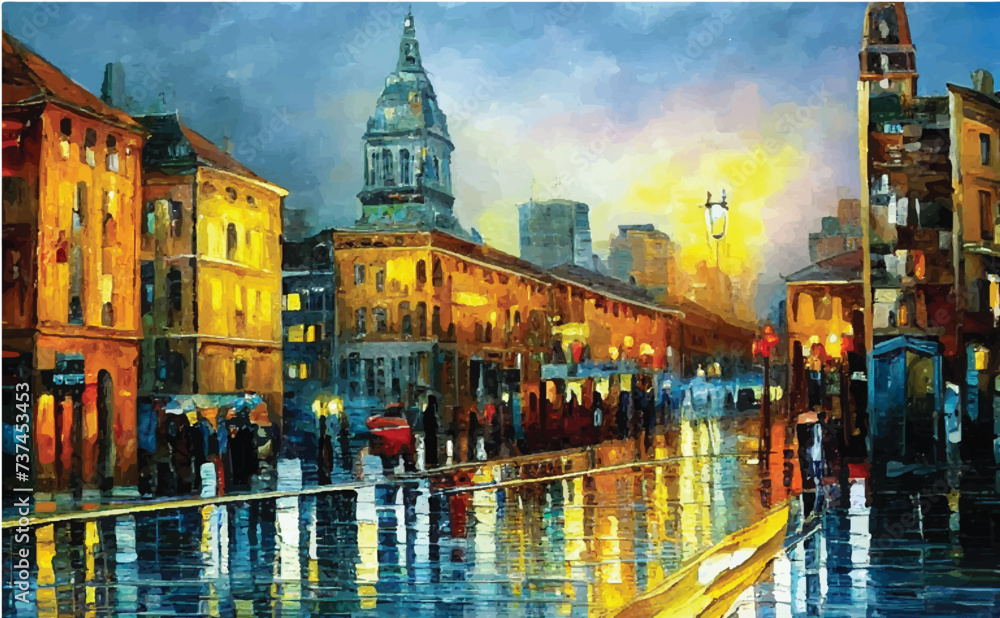 Beautiful city skyline view oil painting. Oil paintings city landscape.  Skyline city view. city landscape painting, background of paint. City landscape with beautiful buildings, roads, and lights.