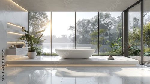 Modern white bathroom white wall and floor. The room has large windows. Looking out the outside