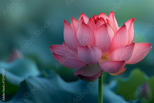 Pink lotus in full bloom  with droplets on its petals  is captured with a soft focus  creating a sense of tranquility in a lush environment