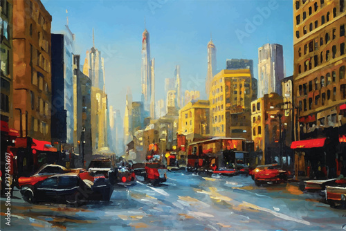 Beautiful city skyline view oil painting. Oil paintings city landscape.  Skyline city view. city landscape painting  background of paint. City landscape with beautiful buildings  roads  and lights.