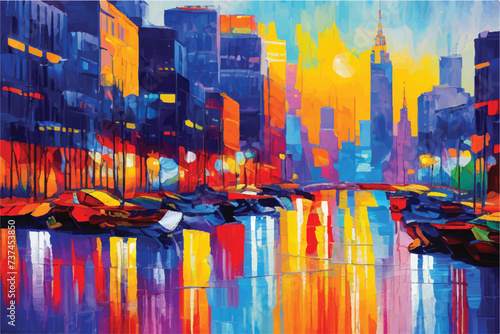 Fototapeta Naklejka Na Ścianę i Meble -  City landscape. Colorful panorama city abstract View Vibrant Artwork: Acrylic Paint in a Multicolored Painting. Cityscape with abstract oil painting. A city view in oil painting. Illustration. 