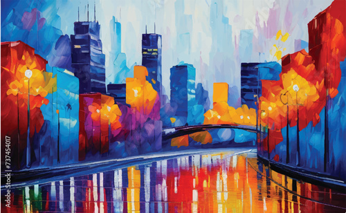 City landscape. Colorful panorama city abstract View Vibrant Artwork: Acrylic Paint in a Multicolored Painting. Cityscape with abstract oil painting. A city view in oil painting. Illustration. 