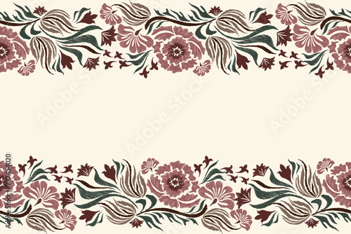 Vintage Rose Floral background border  pattern seamless vintage embroidery red flower motifs. Ethnic Ikat pattern Europe baroque design. Bohemian orange colour vector illustration design . photo