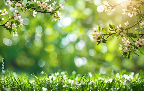Delicate white blossoms bask in the soft sunlight, nestled against a backdrop of vivid greenery and a dew-kissed lawn