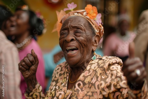 elderly Black woman dancing joyfully at a family wedding, surrounded by relatives, the life of the party © Nino Lavrenkova