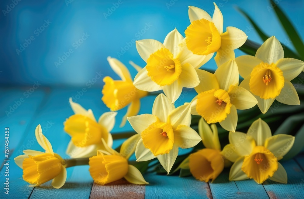 Obraz premium mothers Day, international Womens Day, St. Davids Day, bouquet of yellow daffodils, spring flowers, blue background