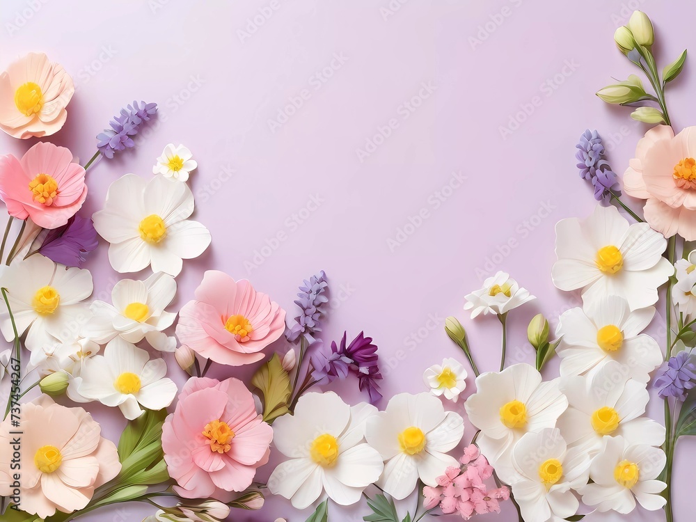 spring background with flowers , A vibrant array of spring flowers on a soothing pastel background, illustrating the concept of spring time