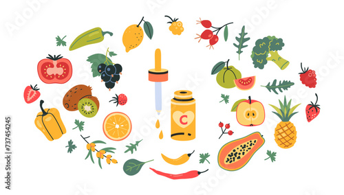 Vitamin C Serum jar with pipette and foods enriched with ascorbic acid. Fruits, berries and vegetables set. Natural antioxidant products. Isolated vector illustration, hand drawn, flat