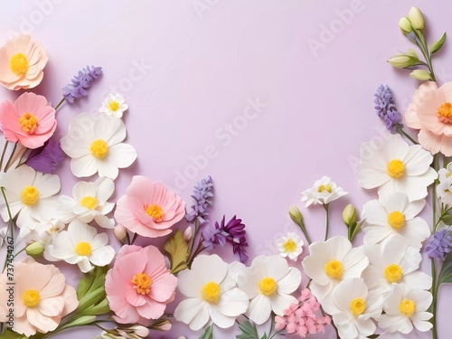 spring background with flowers , A vibrant array of spring flowers on a soothing pastel background, illustrating the concept of spring time