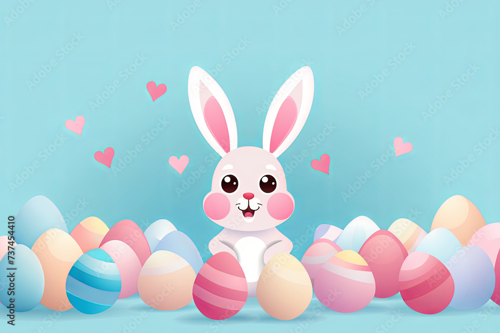 Cute white bunny sits surrounded by various colourful Easter eggs. Fun spring illustration shows happy rabbit enjoying vivid eggs Cute white bunny sits surrounded by various colourful Easter eggs. Fun spring illustration shows happy rabbit enjoying vivid eggs