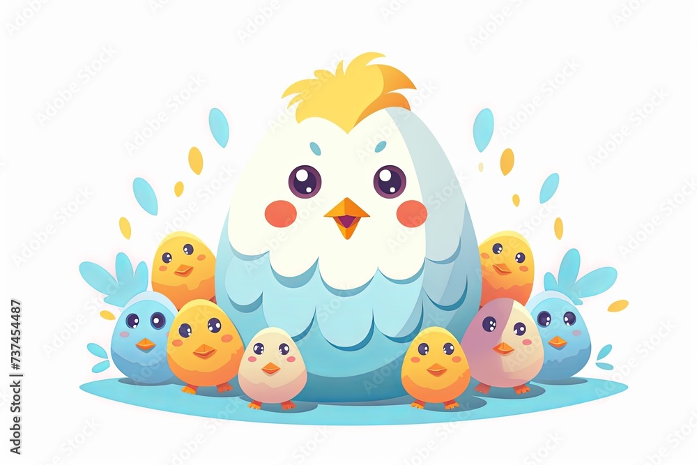 Cute white-blue hen sits surrounded by various colourful baby chickens. Fun spring illustration shows happy mother bird with her babies. Cute white-blue hen sits surrounded by various colourful baby chickens. Fun spring illustration shows happy mother bird with her babies.