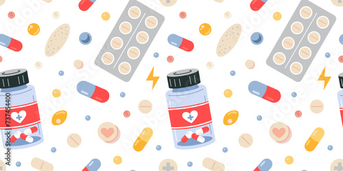Seamless pattern with bottle and blister with tablets, medical pills and capsules on white background. Treatment and health care. Medicines, painkillers and vitamins. Cartoon flat vector illustration
