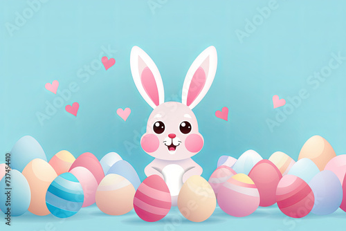 Cute white bunny sits surrounded by various colourful Easter eggs. Fun spring illustration shows happy rabbit enjoying vivid eggs