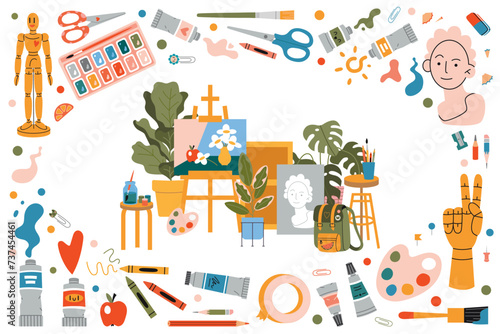 Frame with Painting tools elements and art class studio interior. Paint tubes, easel, brushes, pencil, watercolor and palette. Isolated cartoon vector illustration, hand drawn, flat design