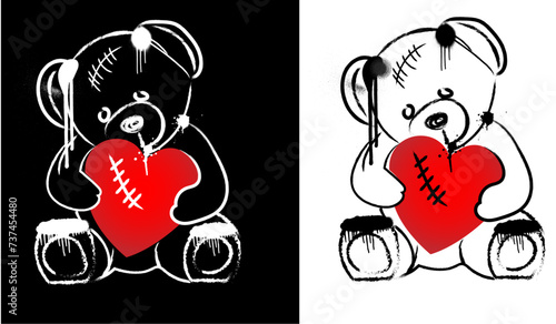 Graffiti teddy bear with broken heart, printable black and white illustration
