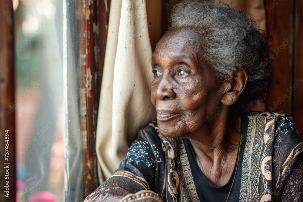 elderly Black woman sitting at a window, looking out contemplatively, with a gentle expression of wisdom