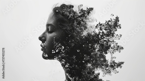 Double Exposure of Woman’s Head with Plants Landscape in the Background © Arslan