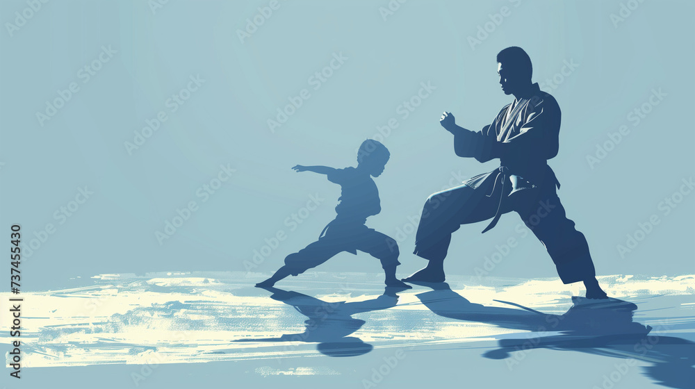 Dynamic Karate Practice: Realistic Silhouettes of Man and Kid in Martial Arts Training Against Cool Blue Background Dynamic Karate Practice: Realistic Silhouettes of Man and Kid in Martial Arts Training Against Cool Blue Background