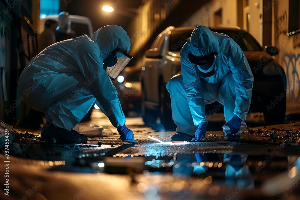 Forensic Investigators Examining Crime Scene at Night
Forensic Investigators Examining Crime Scene at Night