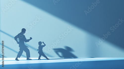 Dynamic Karate Practice: Realistic Silhouettes of Man and Kid in Martial Arts Training Against Cool Blue Background photo