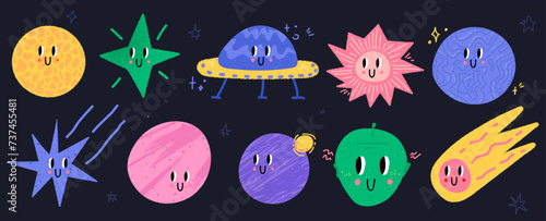 Space-themed set. Trendy doodle icons with textures. Vector contemporary illustration with elements for design. Vibrant colors.