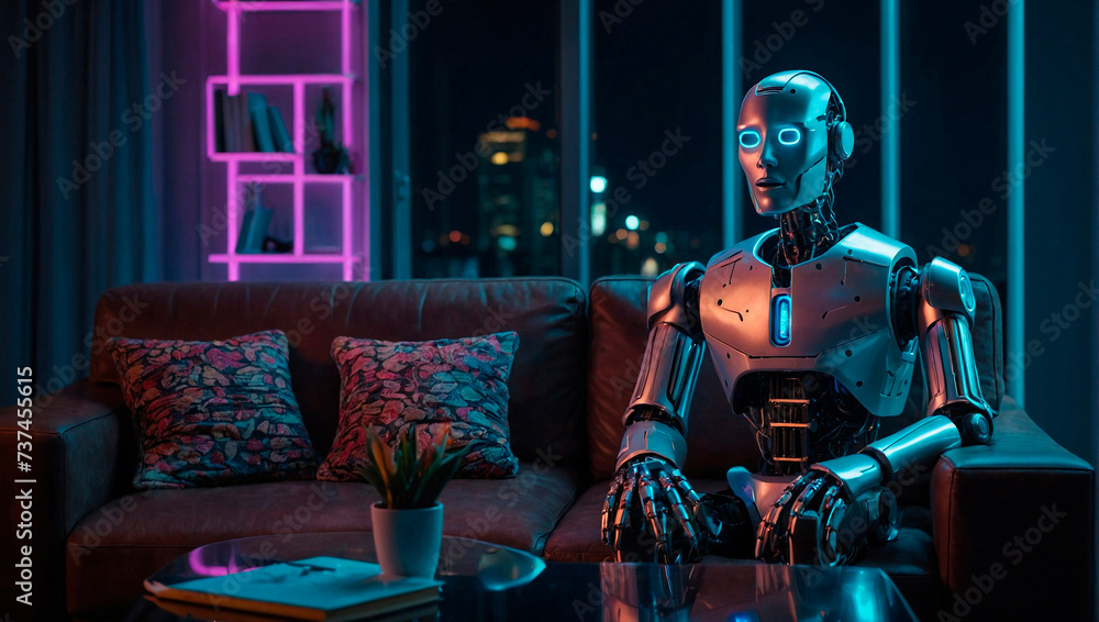 Artificial Intelligence in Psychology with chatbots acting as therapist psychologists. Neon robot psychologist sits on a sofa in cyberspace