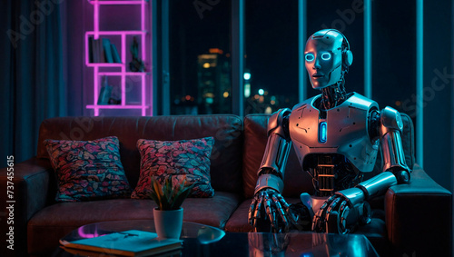 Artificial Intelligence in Psychology with chatbots acting as therapist psychologists. Neon robot psychologist sits on a sofa in cyberspace