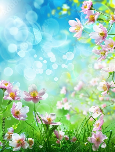 Pink spring blossoms foreground a magical bokeh effect that captures the light's playfulness. The image evokes the enchanting atmosphere of a fairy tale