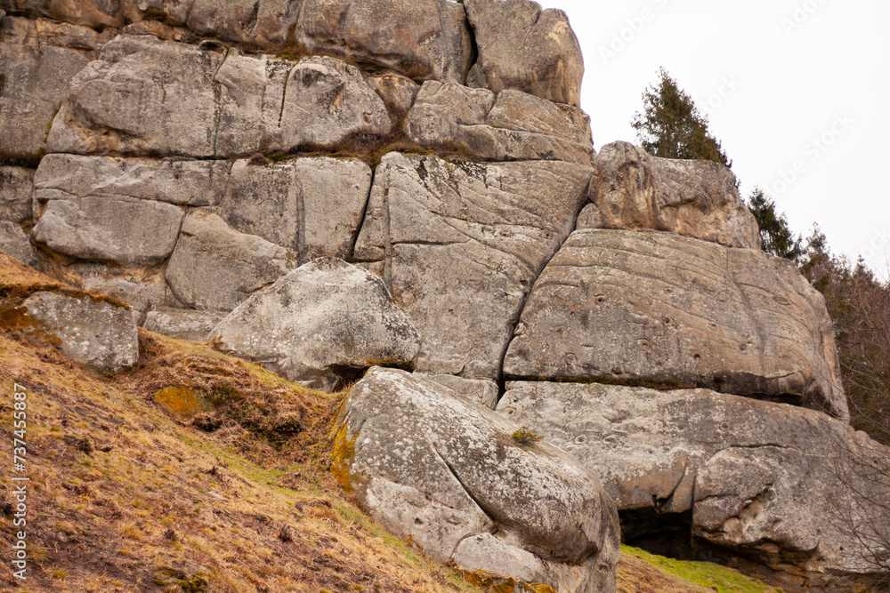 old Tustan rocks with moss in Ukraine