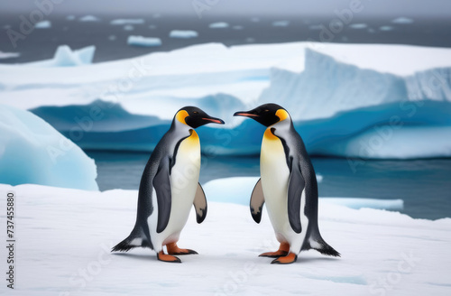 World Penguin Day, a married pair of penguins on a drifting ice floe, the kingdom of ice and snow, the far north, an iceberg in the ocean photo