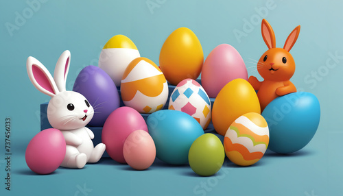 Easter Bunny and colorful easter eggs painted for easter celebrations with text space cute bunny