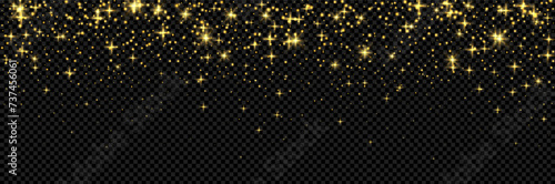 Gold magic glitter effect. Light shine texture. Shimmer overlay on transparent background. Stars and sparle granient. Vector rain illustration. photo