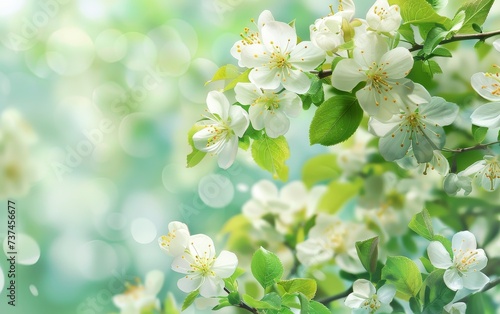 Delicate white blossoms on spring branches shine against a canvas of soft green bokeh, symbolizing rebirth and purity © burntime555