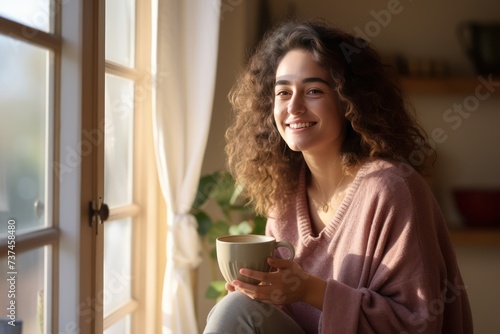 A beautiful smiling young woman holding a cup while drinking coffee near the window