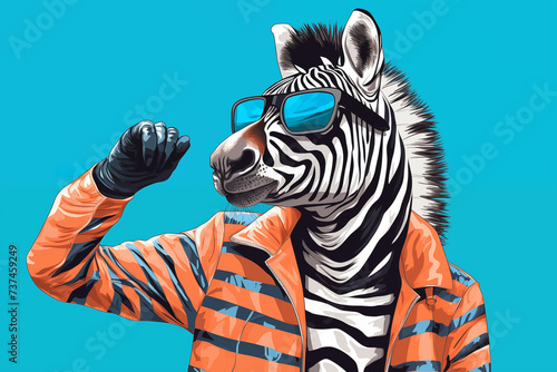 Illustration of zebra in an orange jacket and sunglasses strikes a playful pose against a blue backdrop photo