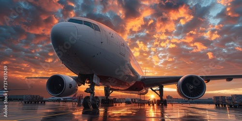 Modern cargo jet at the airport at sunset