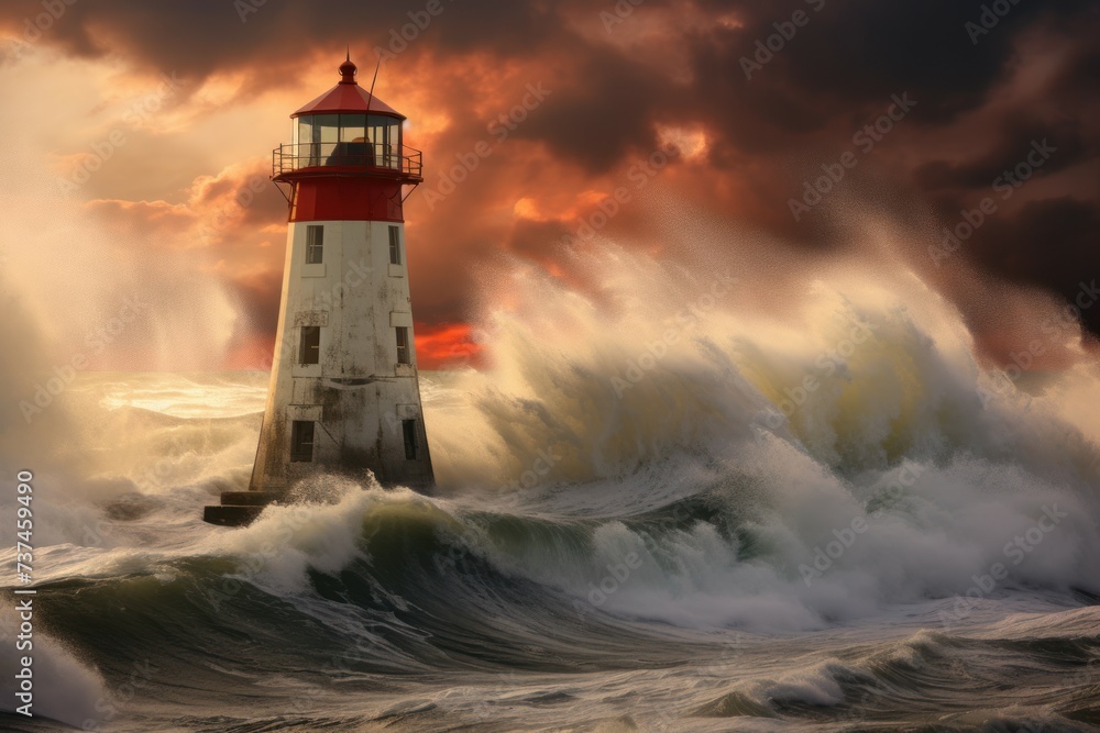 Tumultuous Lighthouse storm winter. Ocean clouds. Generate Ai