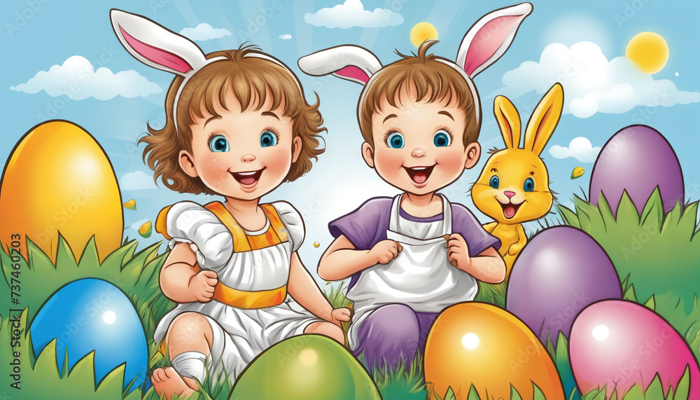 Children celebrating easter with a easter bunny and colorful easter eggs Children celebrating easter with a easter bunny and colorful easter eggs