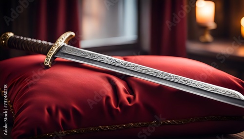 beautiful detailed sword on red pillow. 