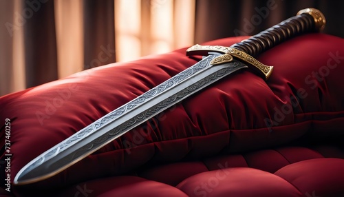 beautiful detailed sword on red pillow. 