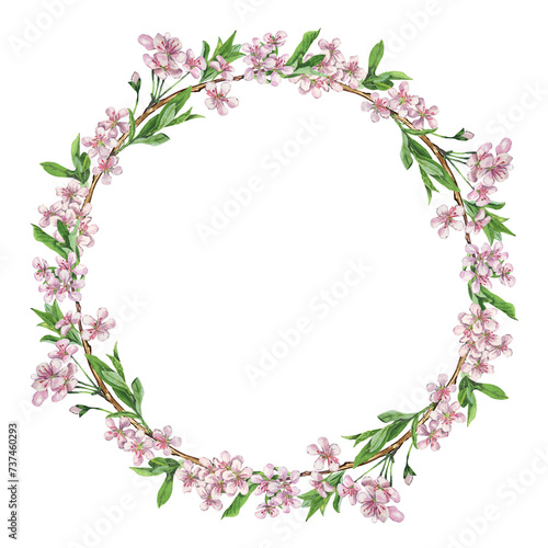 Watercolor circle frame from pink flowers. Wreath spring flowers for graphic resources. Botanical hand drawn illustration isolated on transparent.
