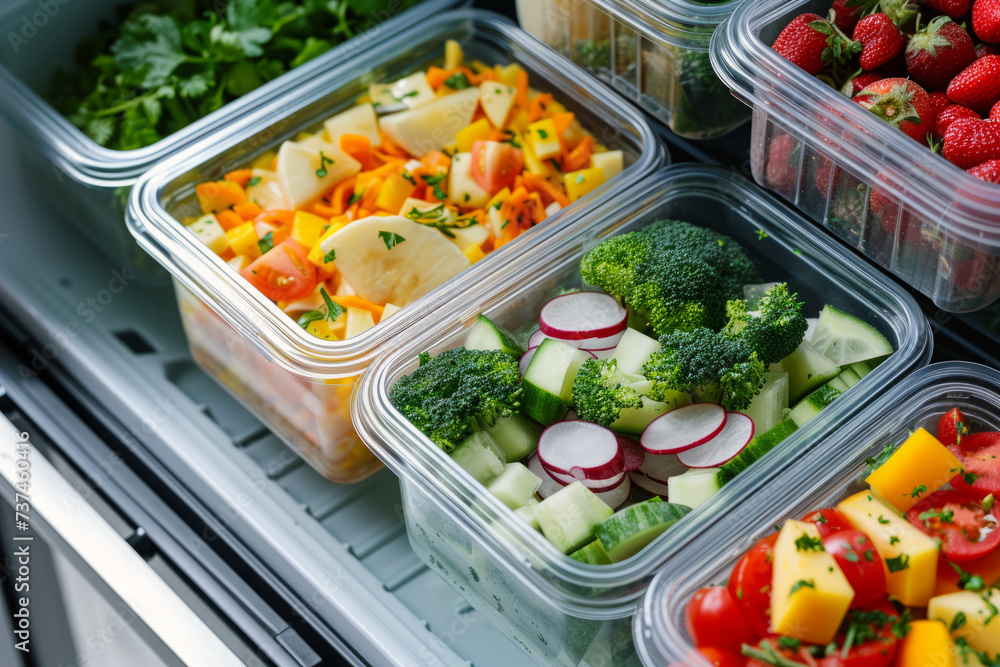 Lunch boxes with prepared food for healthy nutrition in refrigerator. Catering service for balanced diet. Containers with frozen everyday meals