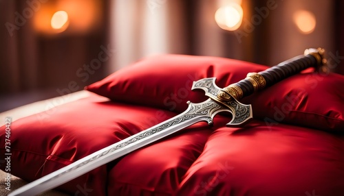 beautiful detailed sword on red pillow. 