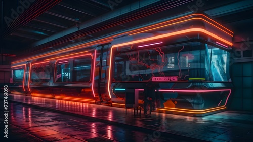 A futuristic train station with fluorescent neon signage and train cars . The background is a mix of bright colors and patterns, and there s a sense of movement in the lines and shapes. The color tmp