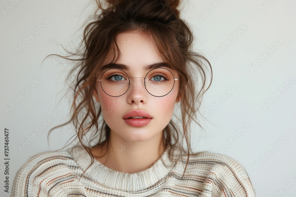 Headshot portrait of cheerful young woman dressed in striped sweater and round glasses. Beautiful young female with surprised expression on white background