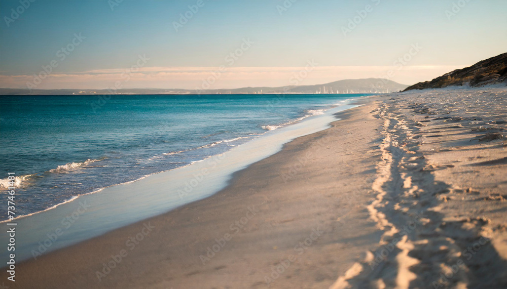 Tranquil beach vista, serene ambiance, empty sands, inviting for leisure, relaxation, and escapism