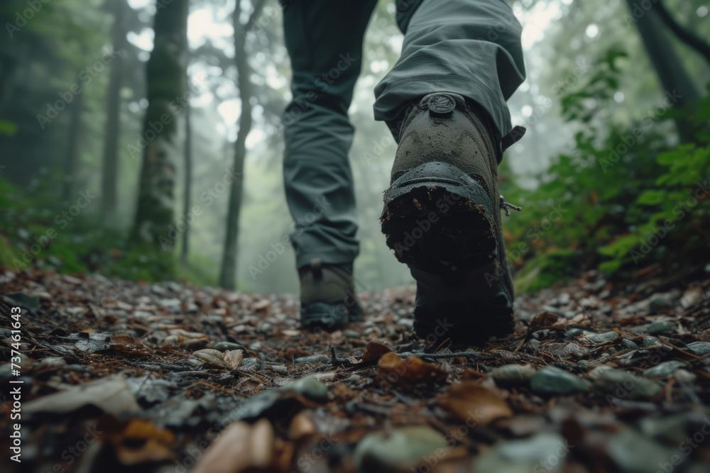 Male hiker in mountain, Back view of traveler boots walking in forest, Adventures in nature, active recreation.