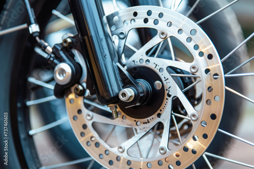 Part of the motorcycle braking system. Grey metal brake disc on motorbike, close up.