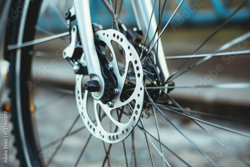 Part of the bicycle's braking system. Grey metal brake disc and brake pads on road bike, close up.
