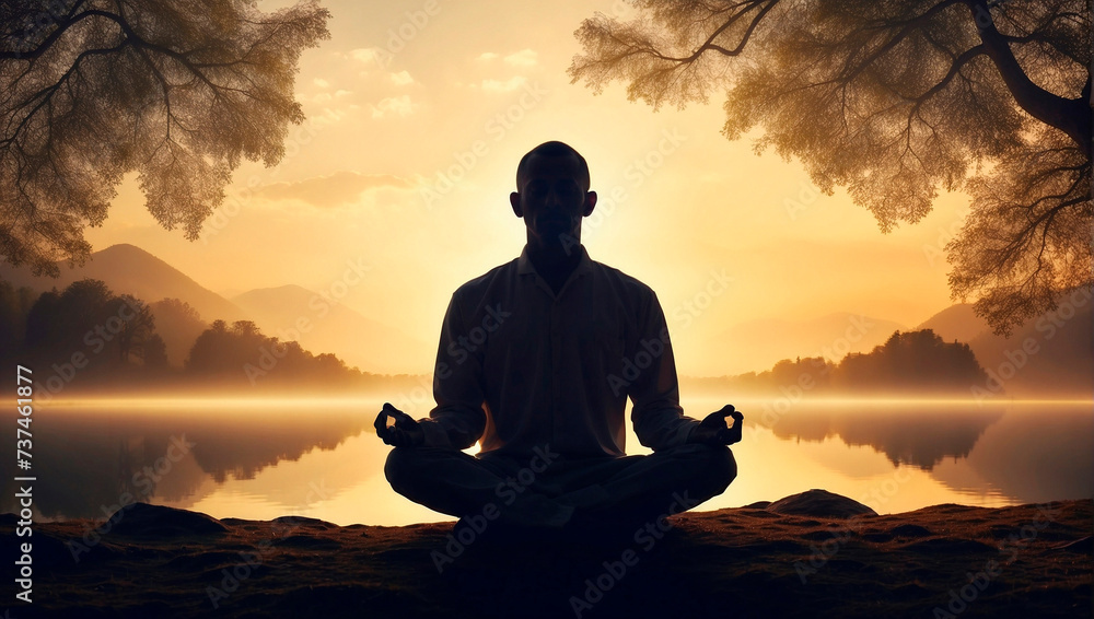Serene Man Against Nature's Backdrop. Mindfulness Practices and Relaxation Techniques through Meditation. Find Peace in Nature's Rhythm